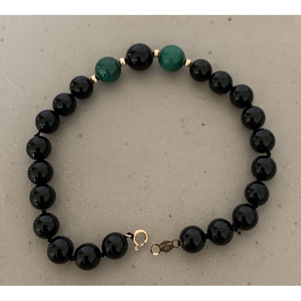 Vintage 14K Gold Black Onyx Malachite Bead Bracelet 7” Hand Knotted